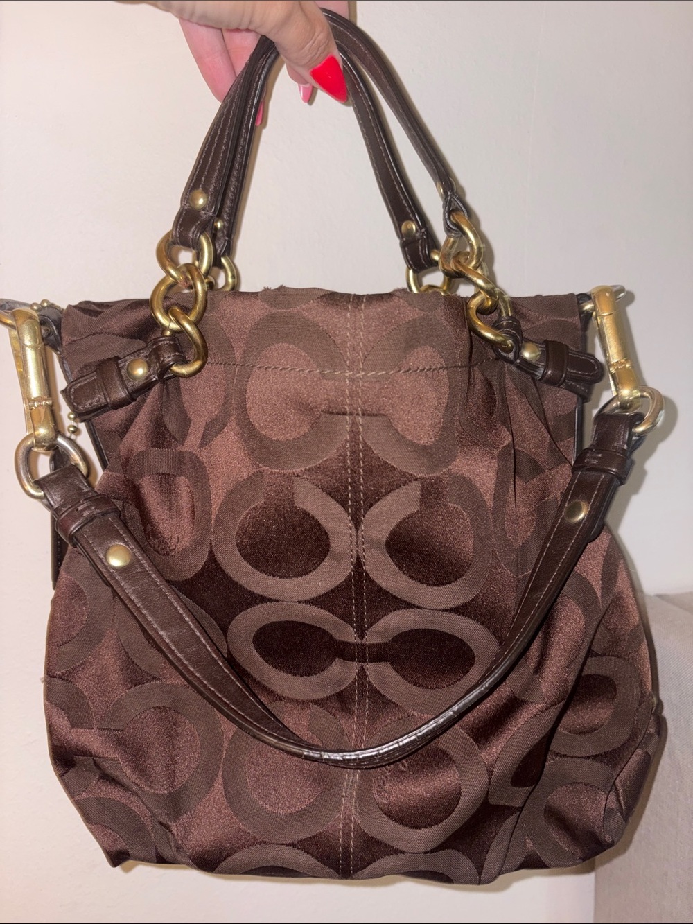 Coach Chocolate Signature Shoulder Bag with Gold-Tone Hardware